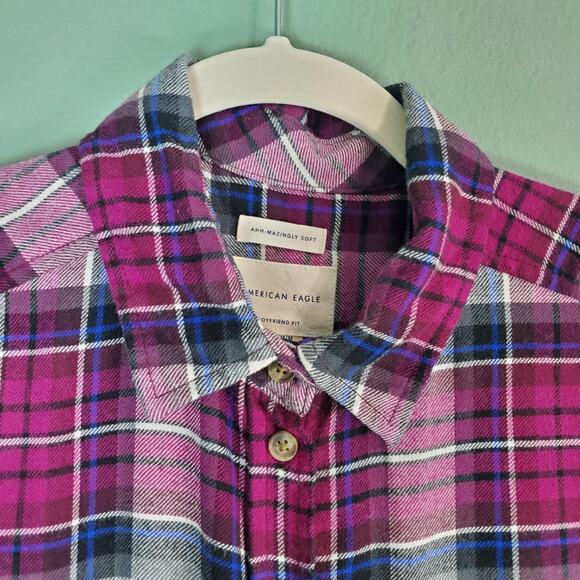 American Eagle Ahh-mazingly Soft Pink Plaid Boyfriend Fit Button Up Shirt Size M - Picture 4 of 8